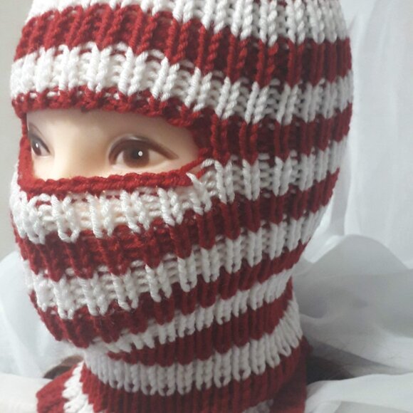 Handmade Knit Balaclava Red White Striped - Picture 3 of 3